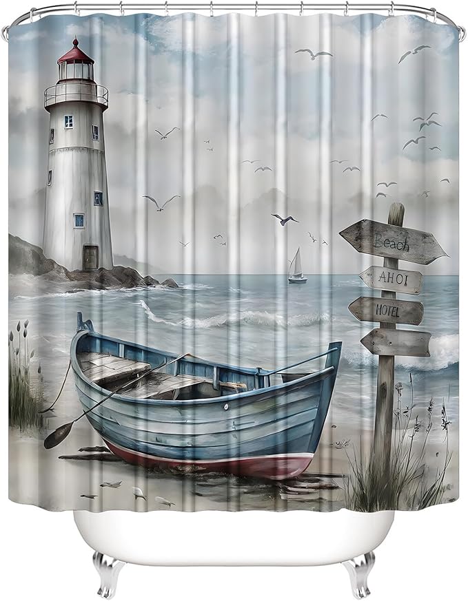 Chrainy 4Pcs Nautical Lighthouse Shower Curtain Sets Wooden Boat Bathroom Set Decor with Non-Slip Rugs Bath U-Shaped Mat Toilet Lid Cover Starfish Lighthouse Bathroom Curtain Shower Set with 12 Hooks