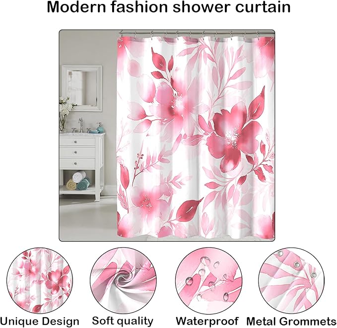 Floral Shower Curtain, Pink Watercolor Flower Shower Curtains for Bathroom, Modern Minimalist Waterproof Fabric Bath Decoration 72x72 Inch