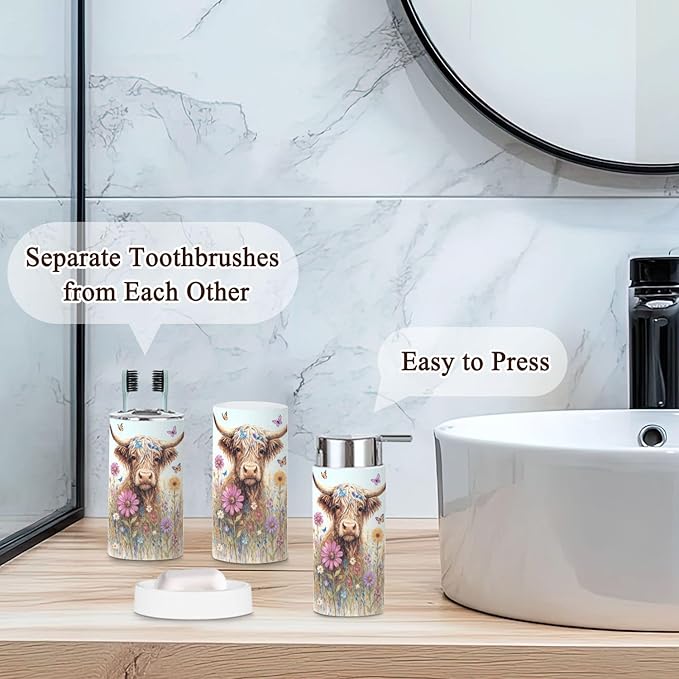 6 Piece Bathroom Accessories Set Highland Cow Rustic Farmhouse Animal Nature Flower Landscape Abstract Trash can Toilet Brush Holder Toothbrush Holder Toothbrush Cup Soap Dispenser Soap Dish Boho