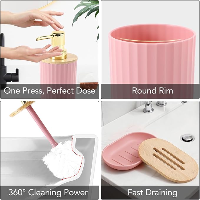 Bathroom Accessory Set, 10 Pieces Bath Set- Wicker Trash Can Tissue Box Soap Dish Toothbrush Holder Rinse Cup Lotion Bottle Toilet Brush Qtip Holder - Practical Bathroom Decor Sets (Pink, Bath Set)