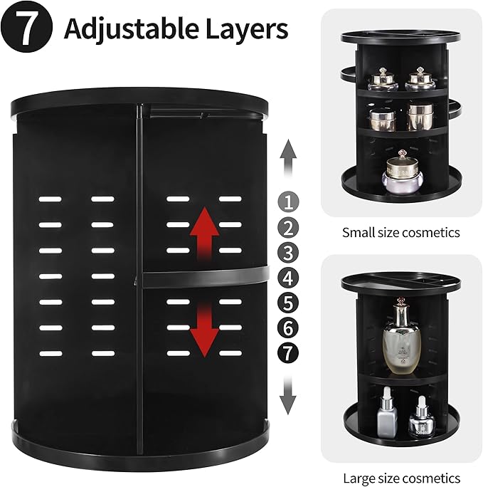 seinlife 360 Rotating Makeup Organizer,DIY Adjustable Spinning Holder,Foldable Cosmetic Storage Display box,Large Capacity Make up Caddy Shelf,Fits Countertop Vanity and Bathroom (BLACK)