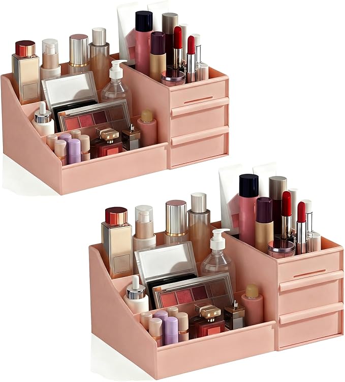 Makeup Organizer with Drawers, Cosmetic Organizer for Vanity Dresser Bathroom Countertop, Large CapacityOrganizer for Skincare, Lipstick, Palettes (Pink-2 Pack)