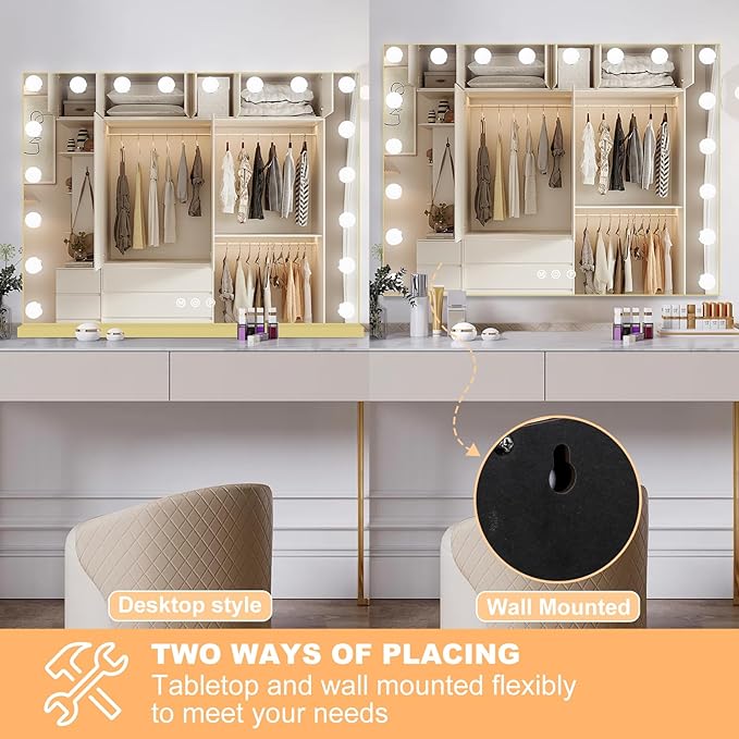Moonee Gold Vanity Mirror with Lights, Hollywood Lighted Makeup Mirror with 18 Dimmable Bulbs and 10X Magnification, 3 Colors Modes, Aluminum Metal Frame, Light Up Mirror for Tabletop/Wall（32" x 24"）