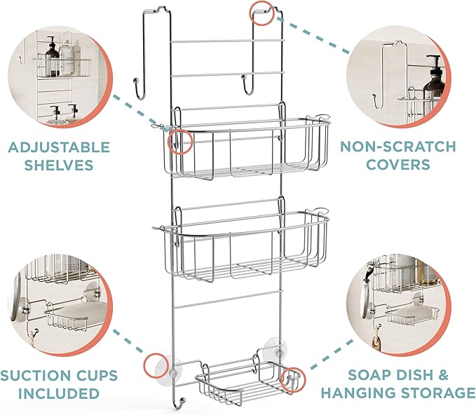 Zenna Home Shower Caddy Hanging Over the Shower Door Organizer, Stainless Steel Rack with 2 Shelves and Built in Hooks, Bathroom Organizer Shelf for Inside Shower, Stainless Steel