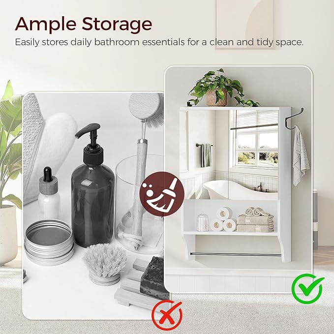 MAHANCRIS Bathroom Wall Cabinet with Mirror, Medicine Cabinet with 2 Door and Adjustable Shelf, Wall Mounted Over The Toilet Storage Cabinet for Bathroom Laundry Room Kitchen, 18.9"W x 26.2"H, White