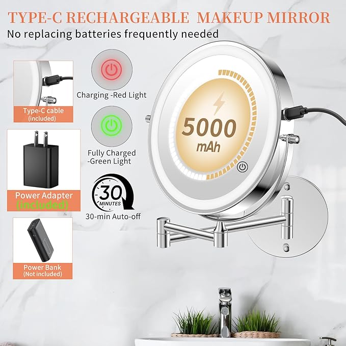 FUNTOUCH 5000mAh Rechargeable Wall Mounted Makeup Mirror with Lights, 9" Double Sided 1X/30X Magnifying Mirror with Dimmable 3 Color Light, Extended Swing Arm 360° Wall Mount Bathroom Mirror,Chrome
