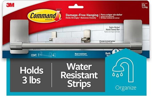 Command Hand Towel Bar Satin Nickel with 4 Water Resistant Command Strips,9" Hand Towel Holder,Holds up to 3 lb,Great for Bathroom Décor on The Wall,Inside The Cabinet,or in-The Shower,(Pack of 8)