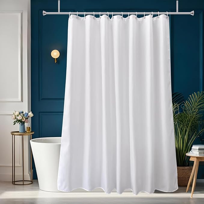 AooHome White Fabric Shower Curtain Liner, Bathroom Curtain with Hooks for Hotel, Waterproof, Weighted Hem, 72 Width x 75 Height Inch