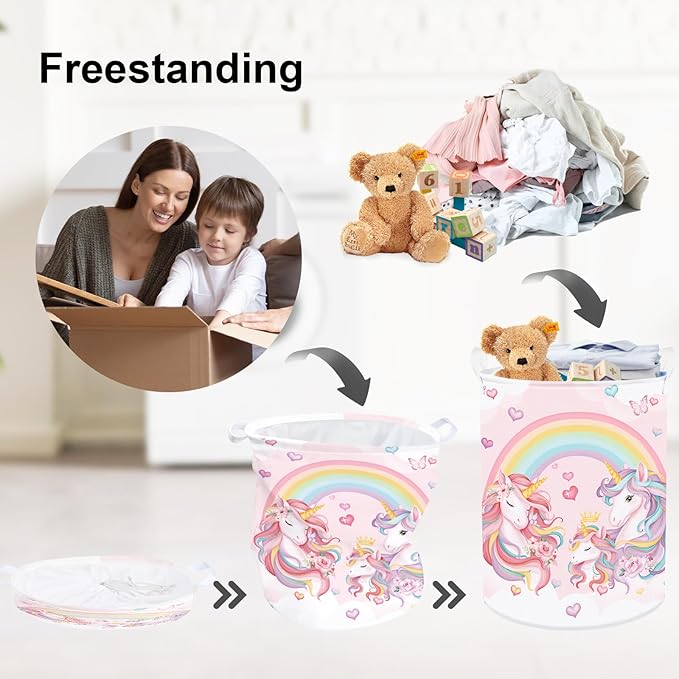 Clastyle 45L Large Pink Unicorn Rainbow Kid Laundry Hamper for Girl Collapsible Heart Butterfly Clothes Toy Nursery Storage Basket with Lid