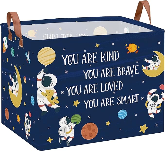 Space Room Decor Kid Storage Box,Boys Astronaut Planets Stars Organizer Toy Box Bin, Galaxy Spaceman Outer Space Blue Laundry Hamper for Baby Bedroom Classroom Nursery
