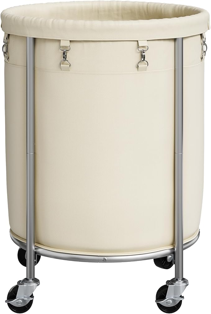ELYKEN 190L Laundry Basket with Wheels, Large Rolling Laundry Hamper with Removable Liner Bag, Round Rolling Laundry Cart, Dirty Clothes Hamper for Hotel, Home, Closet, Dorm, Cream