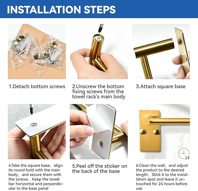 2 Pack Adhesive Adjustable Towel Bar, HOMOTEK Economical Self Stick Bathroom Towel Holders, Towel Rod Size from 12 Inch to 22 Inch Single Towel Rack, Towel Hanger for Kitchen(Gold)