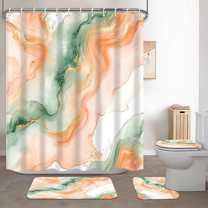 Lnond 4Pcs Marble Bathroom Sets with Shower Curtain and Rugs, Orange Green Marble Modern Art Bathroom Shower Curtain Sets with Rugs and Accessories
