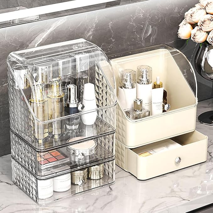 EUBUY Large Clear Cosmetic Makeup Organizer with Lid, Desktop Cosmetics Box Tabletop Cosmetics Holder, Dresser Top Organizer Case for Cosmetics, Lotion, Beauty Product