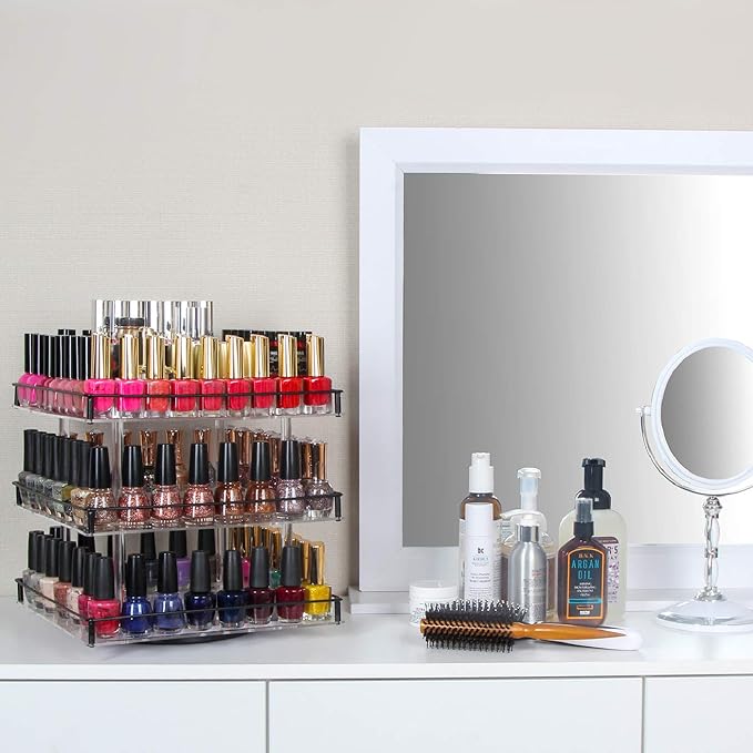 J JACKCUBE DESIGN Nail Polish Organizer, 3 Tier Acrylic 360 Rotating Display Rack Stand Makeup Cosmetics Storage Box Carousel Shelf with Black Iron Guard, Hold Up to 180 – MK302-3