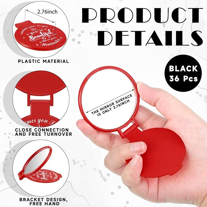 36 Pcs 2.76 Inch Inspirational Compact Mirror Bulk Women Small Gifts Graduation Party Favors Purse Mirror Pocket Mini Stuffer Items for Adult Coworker Cheerleader Employee (Red)