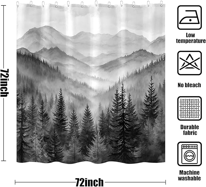 Accnicc Forest Mountain Shower Curtain Black and White Nature Misty Pine Tree Shower Curtains for Bathroom Dark Grey Foggy Rustic Woodland Decorative Waterproof Fabric Bath Curtain Decor 72×72 Inches