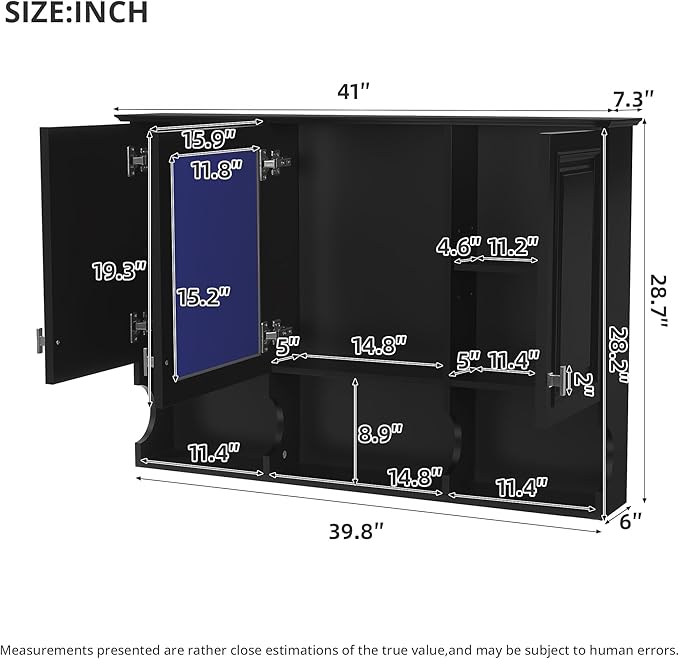 Virubi Bathroom Wall Cabinet with Mirror, Medicine Cabinet with 3 Doors and Adjustable Shelf, Space Saver Storage Cabinets Over The Toilet for Bathroom (41'' x 28'')
