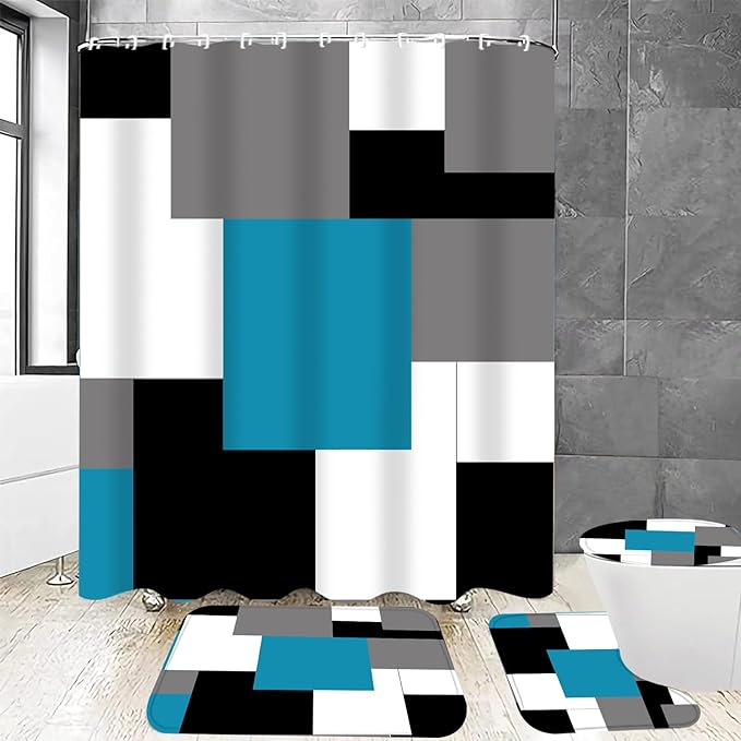 Yizheer 4Pcs Geometric Blue Modern Bathroom Shower Curtain Set with 12 Hooks Bath Mat Toilet Cover U Shaped Mat- PEVA Material, 72x72 Inches, Bathroom Curtain for Bathtub (Blue)