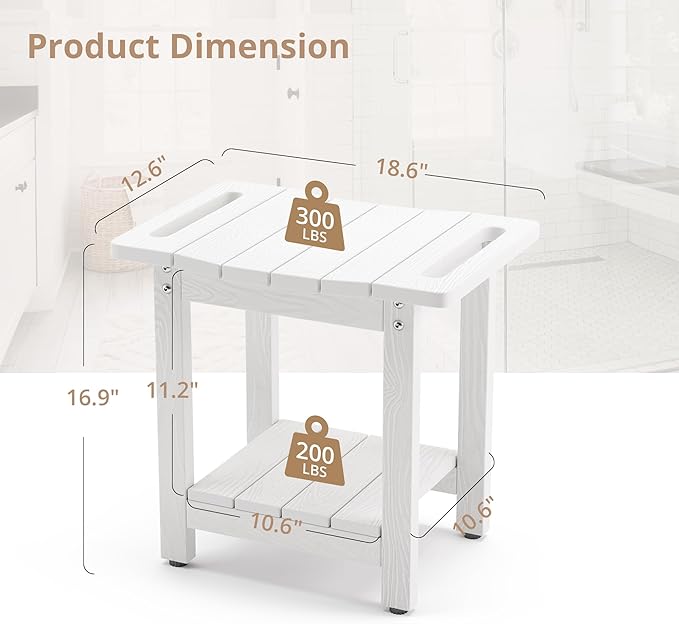 LUE BONA Shower Bench Seat, White HDPS Shower Benches for Inside Shower, Waterproof Shower Stool for Shaving Legs Foot Stool for Spa Bathroom, Weather Resistant/Non-Slip/Handles/Indoor or Outdoor Use