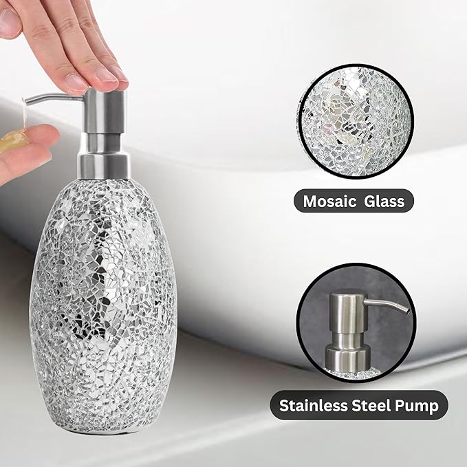 Escenzy Modern Silver Bathroom Accessories Sets 4 Pcs | Luxurious Soap Dispenser, Toothbrush Holder, Cotton Glass Jar, Soap Tray | Silver Bathroom Decor | Mosaic Glass Bathroom Accessories