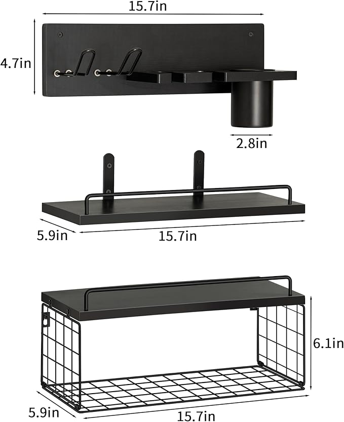 Wall Mounted Bathroom Organizer Shelves Over Toilet, 3-Tier Rustic Wooden Floating Shelf with Metal Basket and Hair Care Styling Tool Holder for Toilet Paper, Towels & Toiletries, Bathroom Decor