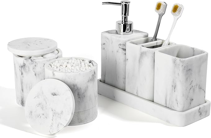 YMXYJM Bathroom Accessories Set, 6 Piece Bathroom Set with Toothbrush Holders, Soap Dispenser, Vanity Tray, Tumbler, Cotton Swab Jars, Bathroom Organizer，Bathroom Sink Sets, Artificial Marble White