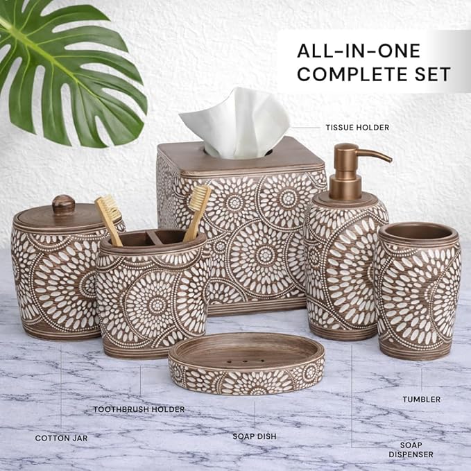 Decozen Bathroom Accessories 6Pcs Set, Soap Dispenser, Toothbrush Holders, Tumbler, Soap Dish & Cotton Swab Jar – Modern Bathroom Decor, Modern Farmhouse Decor, Countertop Accessories, Ciccone