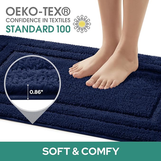 HOMEIDEAS Bathroom Rugs Sets 3 Piece, Super Soft and Absorbent Non Slip Microfiber Toilet Bath Mat with U-Shaped (Navy Blue)