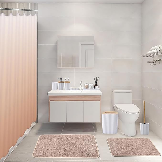 XLHOMO 24Pcs White and Gold Bathroom Set with Shower Curtain and Rug, White Bathroom Sets Complete with Trash Can,Soap Dispenser,Soap Dish,Toilet Brush,Toothbrush Holder and Cup,Tray,Q-Tip Holders