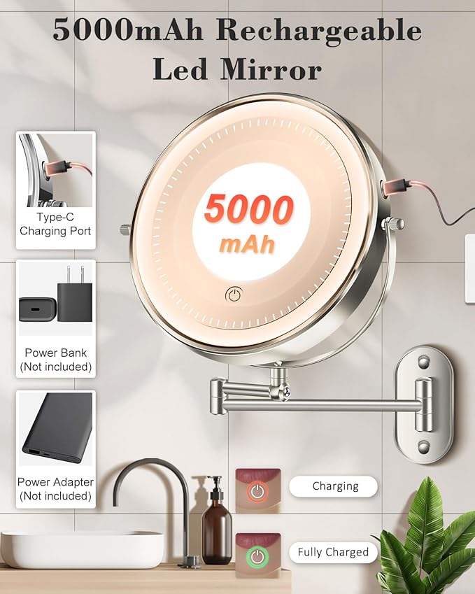 9'' 30X/1X Wall Mounted Lighted Makeup Mirror, Height Adjustable Double Sided 5000mAh Rechargeable Magnifying Bathroom Mirror with Light, 3 Color Modes Touch Dimmable Extended Arm 360 Rotation