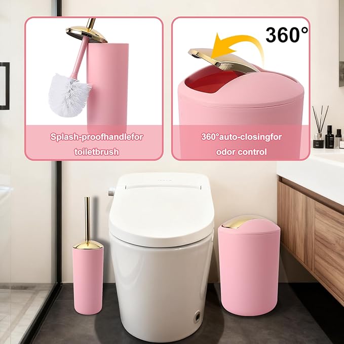 25 Pieces Bathroom Set Pink and Gold Bathroom Accessories Set, Shower Curtain and Rugs, Trash Can, Toilet Brush, Soap Dispenser, Soap Dish, Toothbrush Holder, Tumbler, Tray, Qtip Holder for Home Decor
