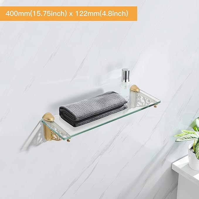 khtumeware 16 Inches Glass Shelves for Bathroom, Brushed Gold Floating Glass Shelf Zinc Tempered Glass Bathroom Shelves for Wall Mount Modern