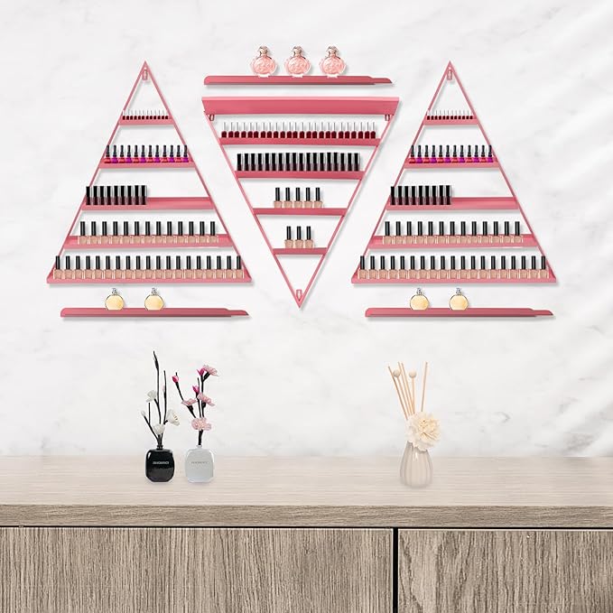Wall-Mounted Nail Polish Rack, Set of 6 Triangular Pink Nail Polish Shelf Lipstick Perfume Cosmetic Display Shelf for Home Spa Nail Salon Shop