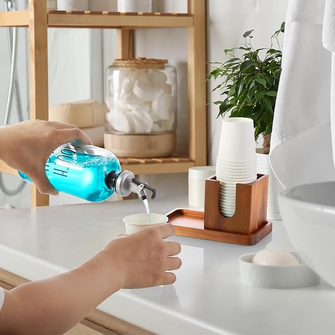 Glass Mouthwash Dispenser for Bathroom, 16 OZ Mouthwash Dispenser with Pour Spout and Acacia Wood Cup Holder and Tray, Mouth Wash Bottle Container, Farmhouse Kitchen Bathroom Decor and Accessories