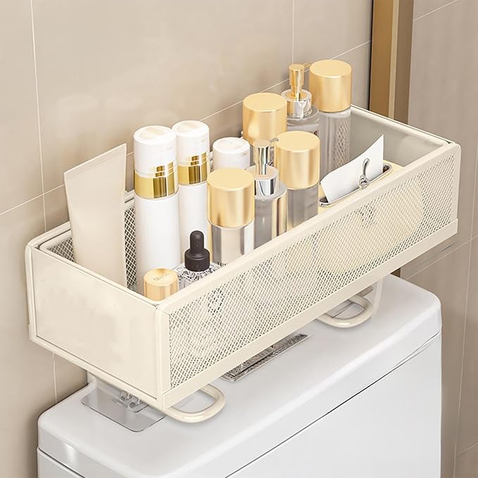 Bathroom Storage Rack Over The Toilet – Iron Back of Toilet Organizer for Draining & Storing Items (Beige)