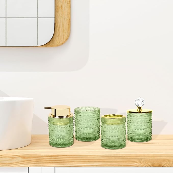 FEILANDUO Bathroom Accessories Set,4Pcs Glass Bathroom Accessories,Vanity Bathroom Decor, Soap Dispenser, Toothbrush Holder Set, Apothecary Jar, Gift for Home Apartment (Green A)