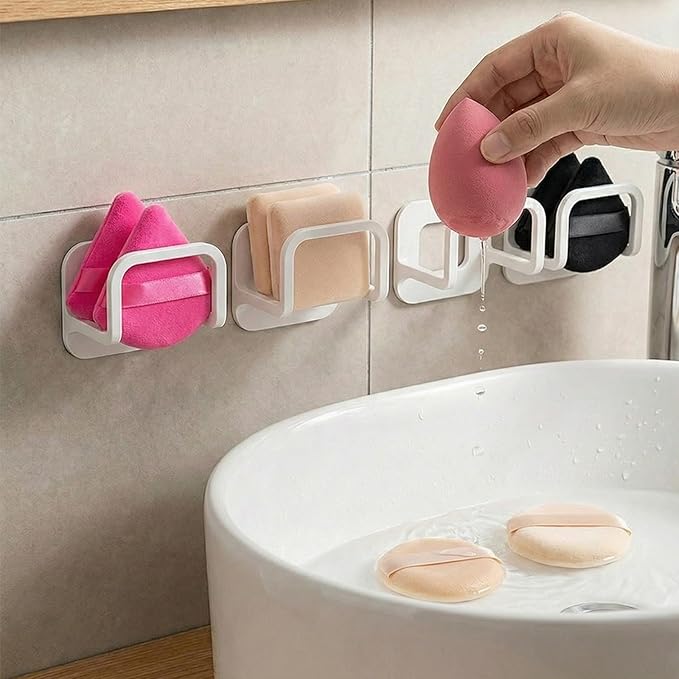 4pcs Adhesive Powder Puff Holder, No-Drill Wall Mounted Makeup Sponge Organizer, Bathroom Beauty Sponges Holder for Various Powder Puffs - Saves Counter Space (4.5 * 3.5 * 4.3cm)(White)
