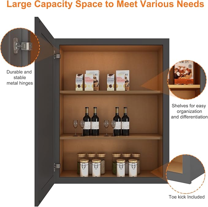 ROOMTEC Wood Wall Cabinet,RTA Single Door Medicine Cabinet with Adjustable Shelves and Soft-Close Door for Kitchen, Bathroom, and Laundry. 12" D*21" W*30" H, Shaker Grey