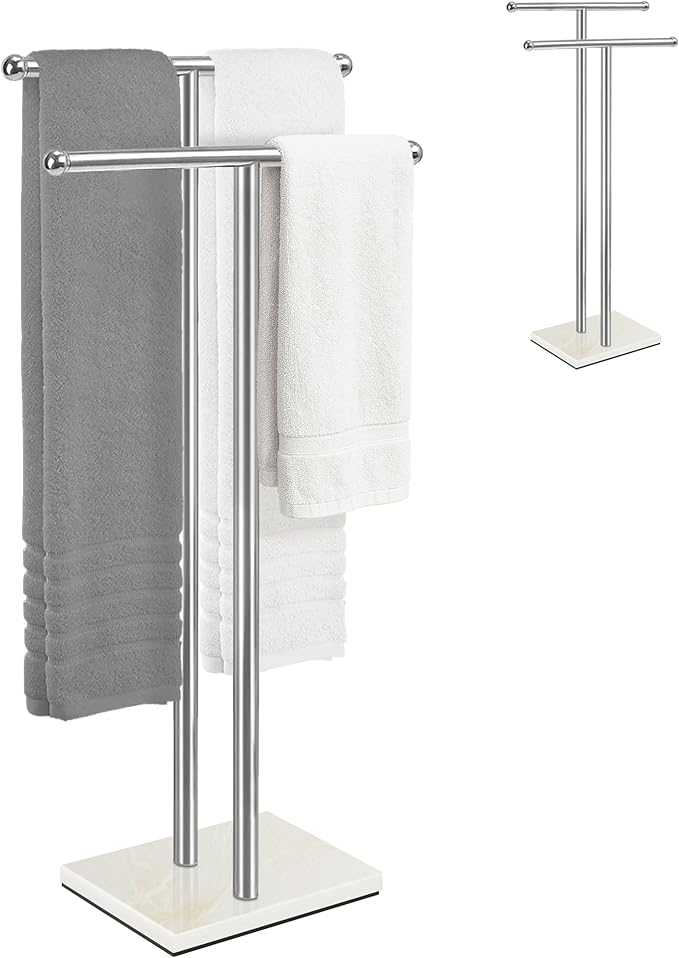 Standing Towel Rack with Marble Base, 2-Tier Free Standing Towel Racks for Bathroom, 40" Height Floor Towel Stand Holder for Bathroom, White