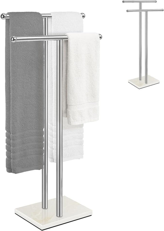 Standing Towel Rack with Marble Base, 2-Tier Free Standing Towel Racks for Bathroom, 40" Height Floor Towel Stand Holder for Bathroom, White