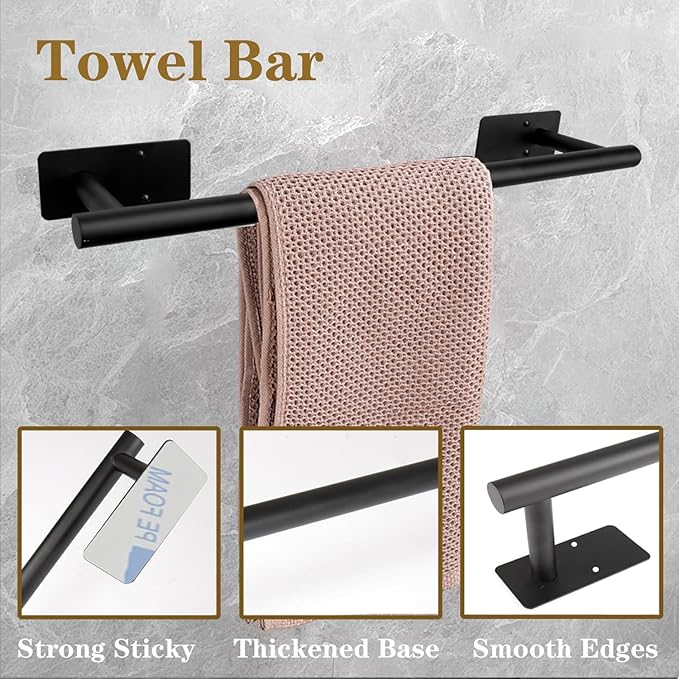 Self Adhesive Bath Towel Bar, Stainless Steel Towel Racks for Bathroom Sticky & Wall Mounted Install Towel Holder, Heavy Duty Towel Rod Rustproof Towel Hanger for Bathroom(Matte Black,16In)