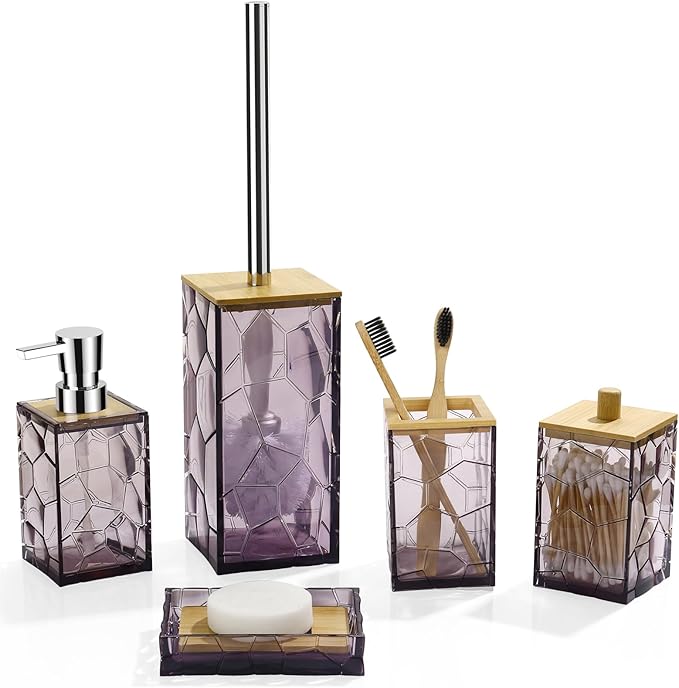 GAHEFY Lavender Purple Bathroom Accessories Set, Toothbrush Holder, Soap Dispenser, Cotton Swabs Holder, Soap Dish, Toilet Brush with Holder, Bamboo Bathroom Decor,Acrylic (Purple)