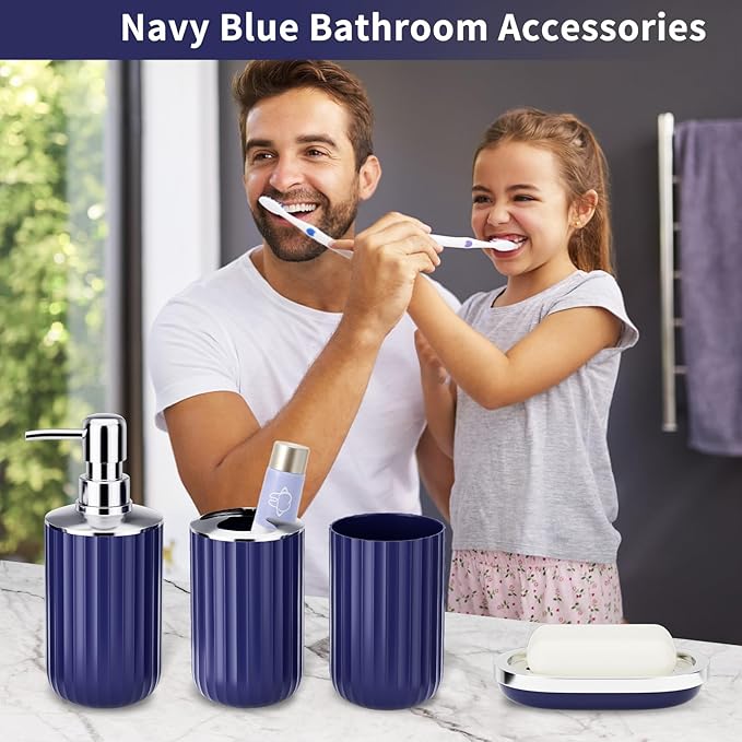 XLHOMO 9PCS Nave Blue Bathroom Accessories Set Complete with Trash Can, Vanity Tray, Soap Dispenser, Soap Dish, Toothbrush Holder, Toothbrush Cup, Toilet Brush and Qtip Holders