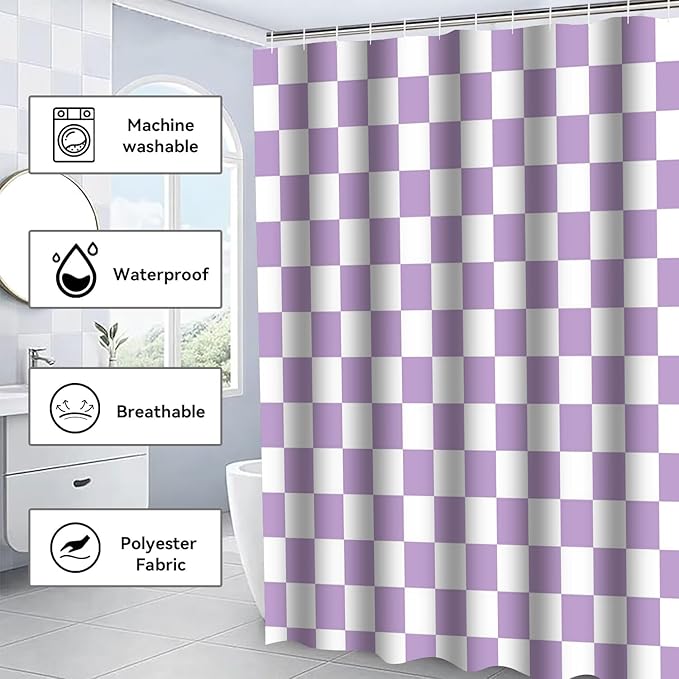 4 PCS Checkered Shower Curtain Sets Fun Gingham Bathroom Sets Soft Non Slip Bath Rugs Toilet Cover U-Shaped Mat Retro Bright Waterproof Shower Curtains with 12 Hooks for Tub Toilet, Purple