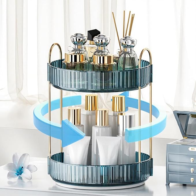 INVSSENE 360° Rotating Makeup Organizer, Bathroom Organizers and Storage Holder Rack, Large Capacity Vanity Shelf Countertop, Fits Cosmetics, Perfume, Skin Care(Blue, 2 Tiers)