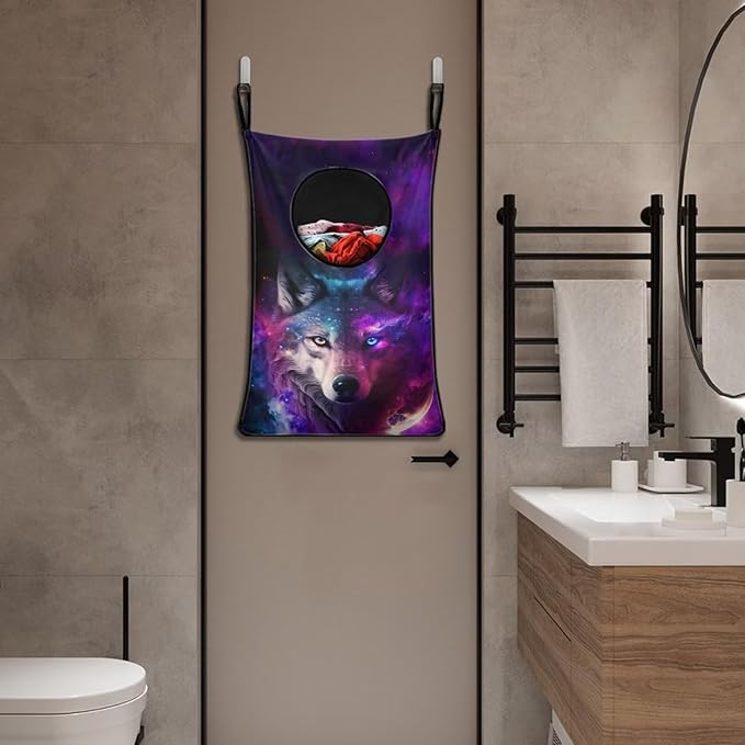 ZOUTAIRONG Cool Galaxy Wolf Hanging Hamper for Dirty Clothes Over the Door Laundry Hamper Laundry Basket Hanging Shelf Closet Storage Organizer Hamper Laundry Bag for Bedroom Purple