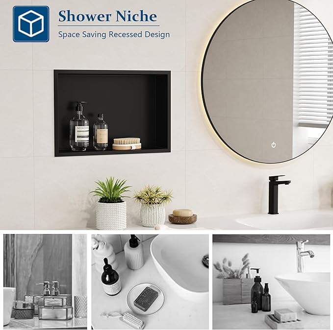 Neodrain Shower Niche, Insert Bathroom Storage Shower Shelf, Stainless Steel Recessed Wall Niche No Tiled Recessed Cabinet Waterproof for Shower Storage(Matte Black,18"x12")