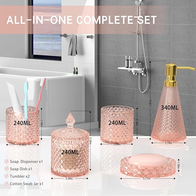 Pink Glass Bathroom Accessories Set 5 Pcs, Pink Bathroom Set, Soap Dispenser and Toothbrush Holder Set, Qtip Holder Set, Vintage Bathroom Sink Set, Cute Bathroom Decor