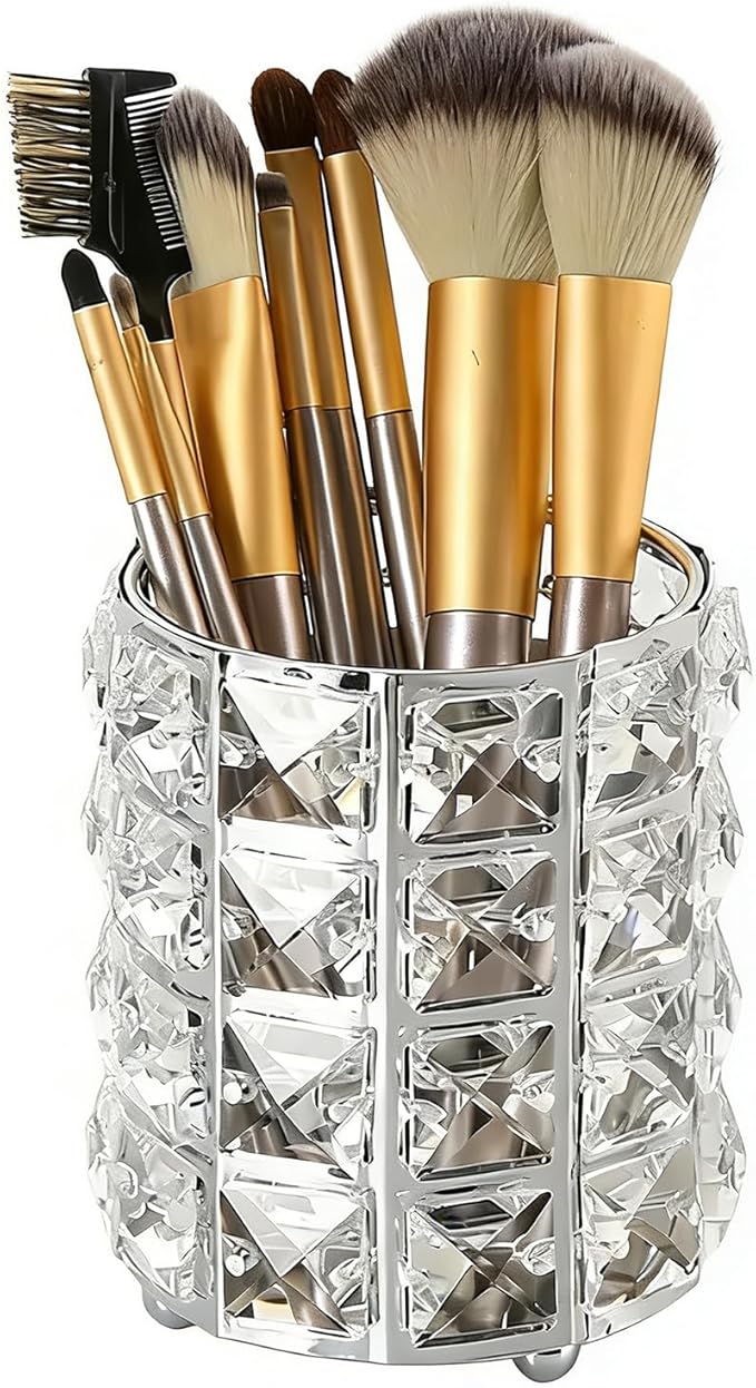 Makeup Brush Holder Organizer Crystal Bling Cosmetic Storage Box for Brushes, Combs & Pens, Candle Holder Container???Silver???